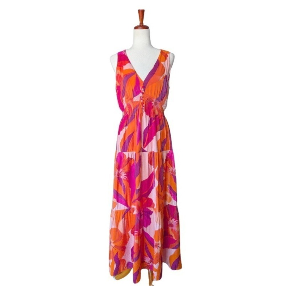 Taylor Women‎ Tropical Floral Print Smocked Tiered Maxi Dress Size 10
